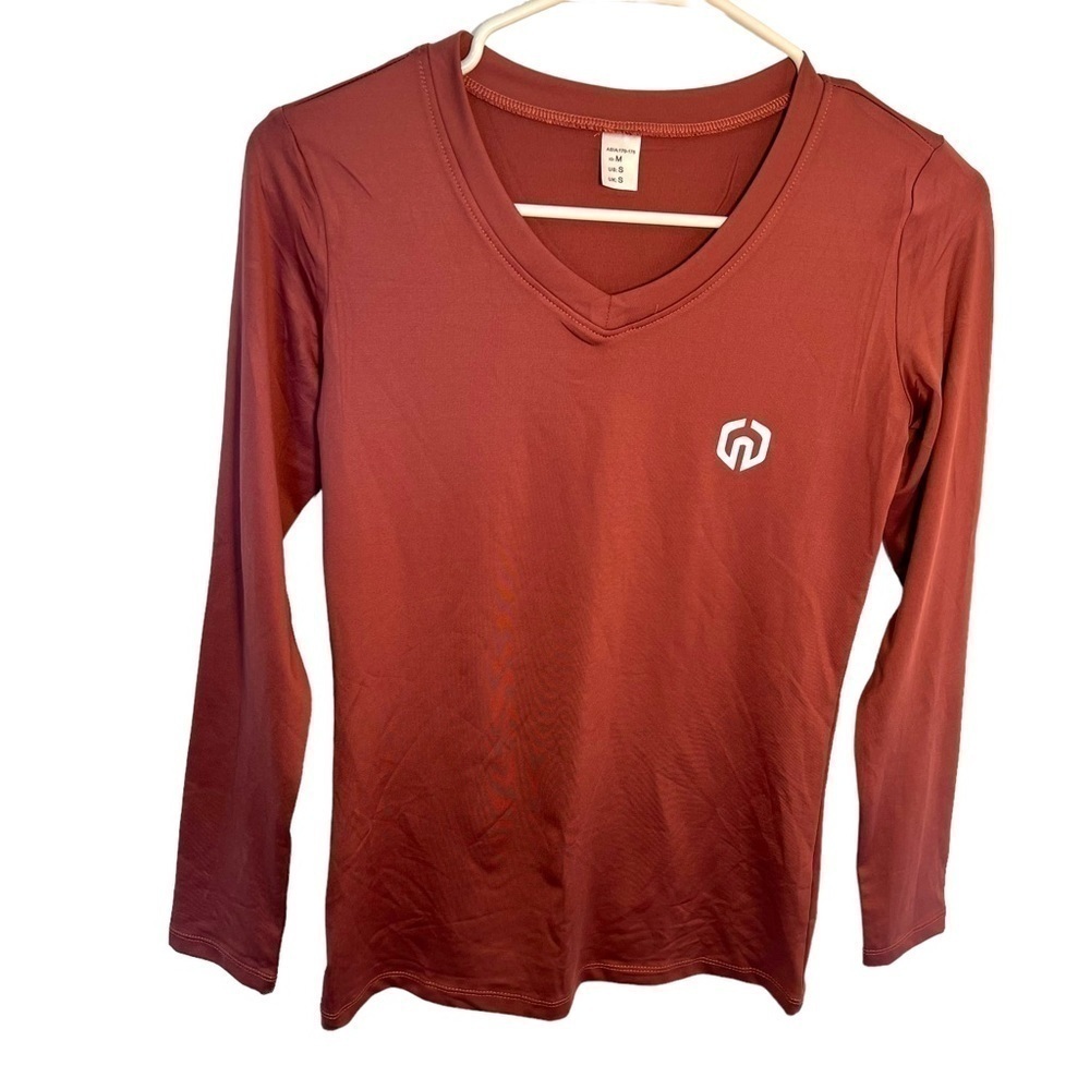 Women's Size Small Long Sleeve Athletic Top V-Neck Mauve Pink Reflective Stretch